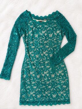 Emerald Green Lace Sequin Dress Long Sleeve Bodycon Party Holiday Trendy Chic